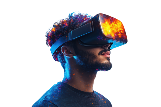 A young man experiences virtual reality with a vibrant VR headset, fully immersed in a digital universe filled with colors and stunning visuals.