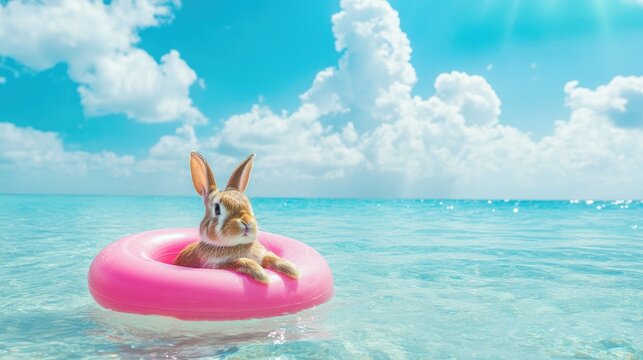 Cute rabbit floating in pink inflatable ring on tropical beach