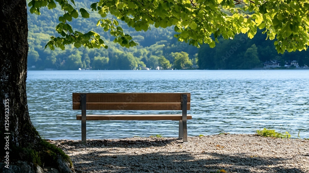Poster serene lakeside bench under leafy tree providing perfect view of tranquil water : generative ai