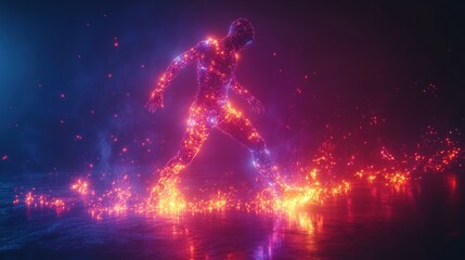 Fototapeta premium A glowing figure made of sparks and light in a dark environment.