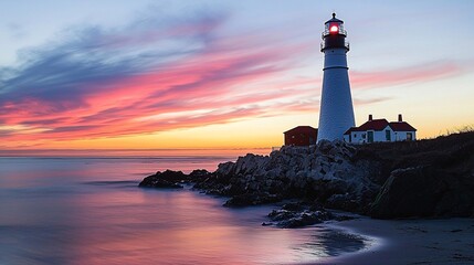 Naklejka premium lone lighthouse standing on a rocky cliff at sunset, with the sky ablaze in vibrant colors. Copy space below. Lighthouse View 