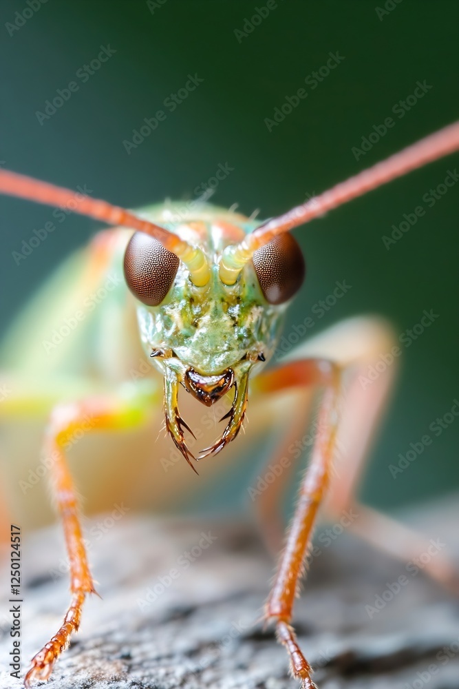 Poster close-up of a green insect with intricate details on its head and antennae : generative ai