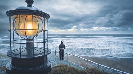 lighthouse keeper gazing out at the stormy sea from the lantern room. Copy space to the right. Lighthouse View 