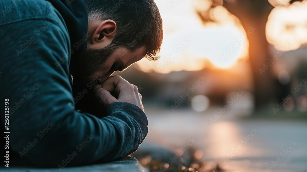 Poster contemplative man resting his head on hands with sunset background capturing moments of reflection :