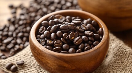 Fototapeta premium Freshly Roasted Coffee Beans in a Wooden Bowl on Natural Surface : Generative AI