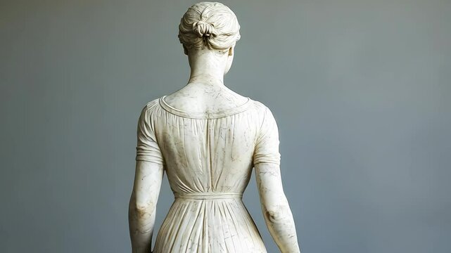 Elegant marble sculpture of a woman, showcasing detailed craftsmanship and poise, located in a serene gallery setting