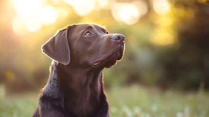 Labrador retriever looking up with sunlit background highlighting the dog's expressive features : Generative AI