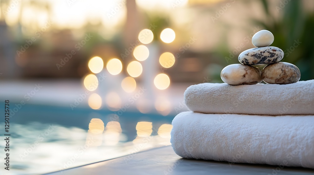 Poster elegant spa stones stacked on fresh towels by swimming pool with soft background lights : generative