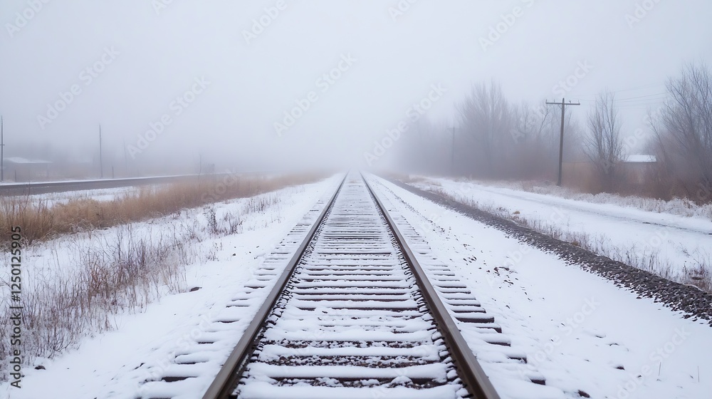Aufkleber snowy railway track disappearing into foggy winter landscape creating a serene and lonely atmosphere