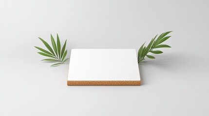 Minimalist display with a blank square surface surrounded by green palm leaves on a light background