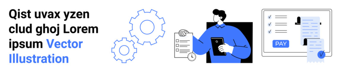 Document review by businessman holding a tablet, gears symbolizing settings, and payment interface. Ideal for business, automation, tech, finance, process management, user experience abstract line