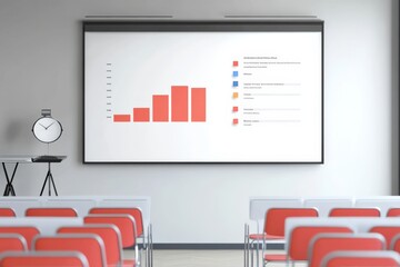 Modern Conference Room with Graph Display and Red Accent Chairs
