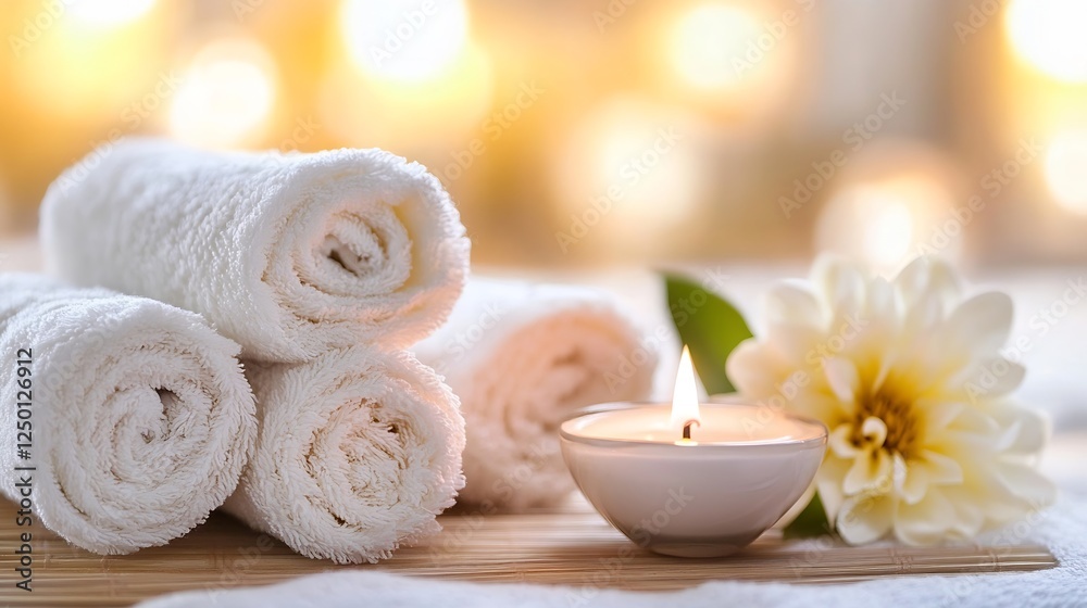 Aufkleber relaxing spa setting with rolled towels, candles and flower on a wooden surface for self-care : gene