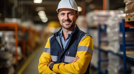Man builder worker in uniform. Business, building, industry, technology. Builder concept. Business, building concept - smiling builder in hard hat.