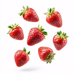 Seven Ripe Strawberries Falling Against White Background