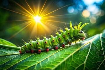 Fototapeta premium Aerial View of Luna Moth Caterpillar on Green Leaf