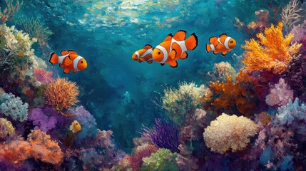 Obraz premium Vibrant Coral Reef with Colorful Clownfish Swimming Gracefully