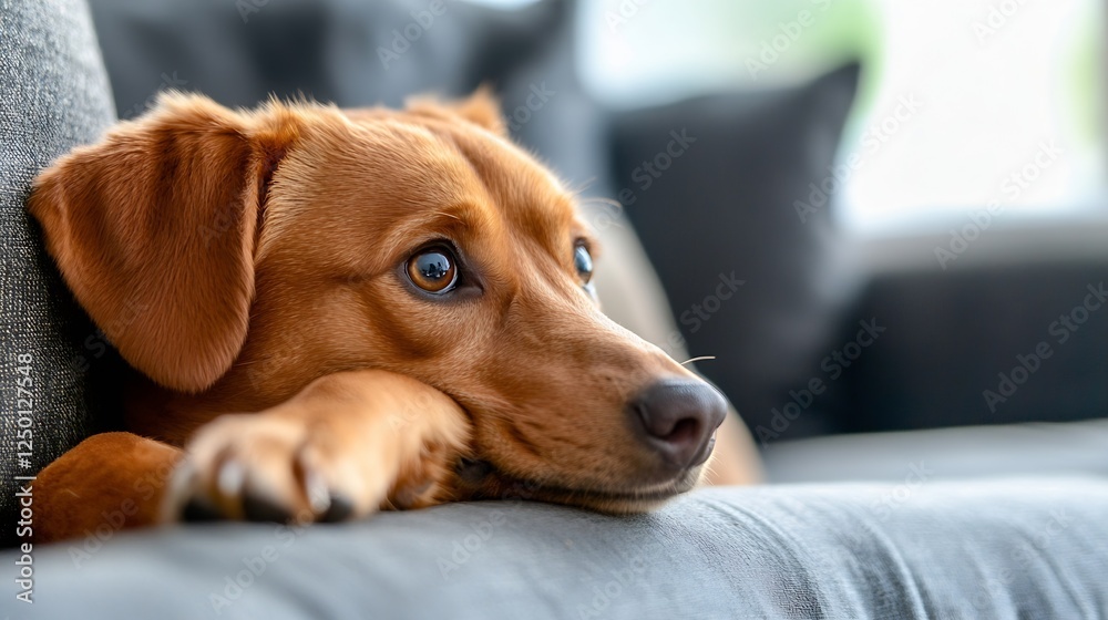Poster sad dog with expressive eyes resting on couch in cozy home setting : generative ai
