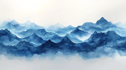 Serene Blue Watercolor Mountain Range Landscape Painting Art Sky Hill Peak Calm Scene Image Print   