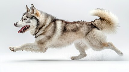 Siberian husky in mid-sprint showcasing muscle definition and dynamic movement in an open field