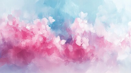 Fototapeta premium Dreamy Watercolor Cherry Blossoms with Blurred Pink Petals and Pastel Blue Sky, Gentle and Elegant Spring Season Artistic High-Resolution Background