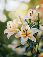 Fototapeta premium Delicate Cream Colored Lilies Blooming in a Soft Focus Natural Garden Setting : Generative AI