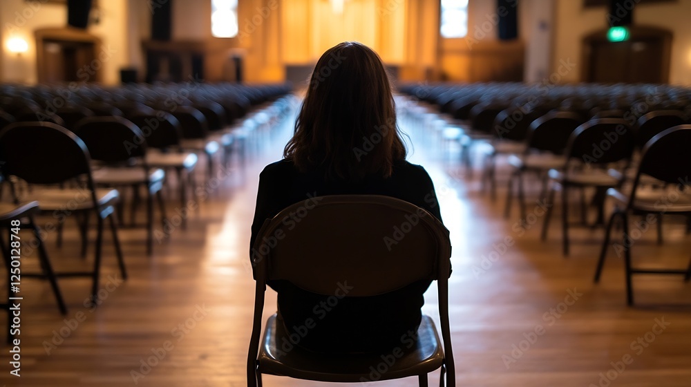 Poster silhouette of a woman sitting alone in an empty hall during an event : generative ai