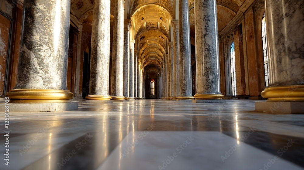 Aufkleber elegant interior hall with marble columns and gleaming floors illuminated by natural light : generat