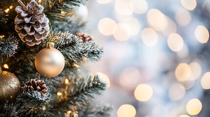 Fototapeta premium Festive Christmas Tree Decorated with Pinecones and Golden Ornaments Against a Bokeh Background : Generative AI