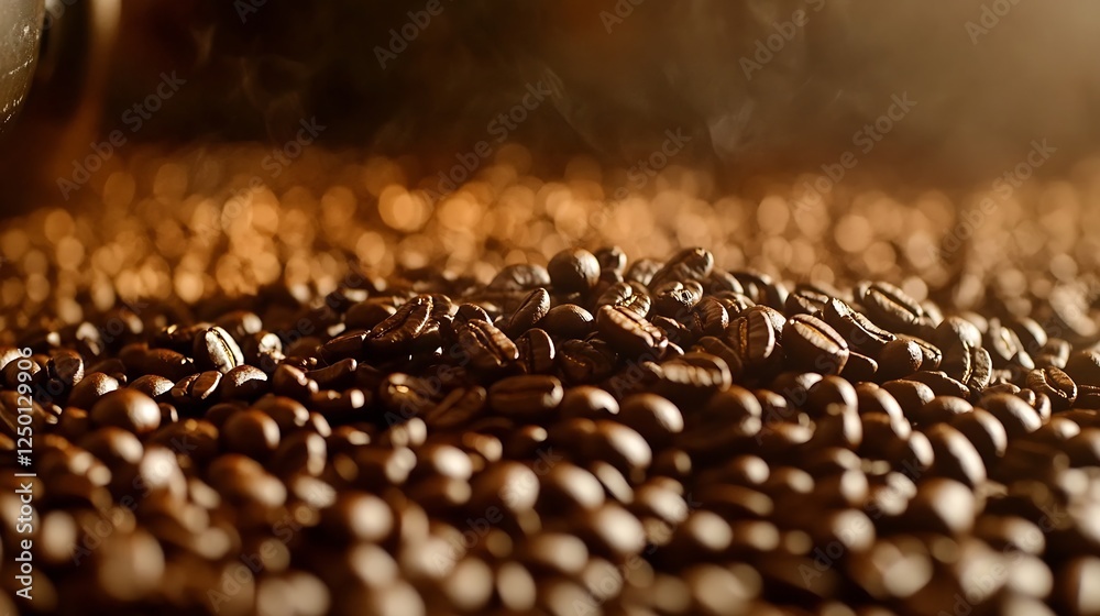Poster Richly roasted coffee beans on display emanating a warm aroma with steam creating a cozy atmosphere : Generative AI
