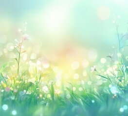 Obraz premium Soft focus spring meadow, sunlit flowers, bokeh.