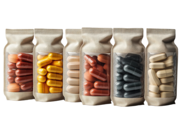 Assorted dietary supplement capsules in eco-friendly packaging. A vibrant display of colors representing various health benefits. Perfect for wellness.