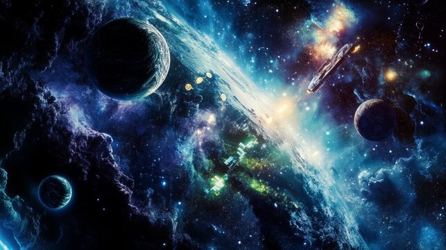 cosmic scene with planets, spaceship, and space station amidst vibrant nebulae and stars. image evokes sense of wonder and exploration in vast universe