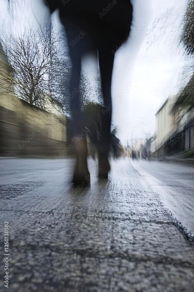 Aufkleber blurred motion of a person walking on a wet street creating an atmospheric urban scene : generative 
