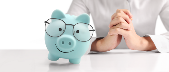 Financial planning action with piggy bank office setting business content bright environment close-up viewpoint savings concept