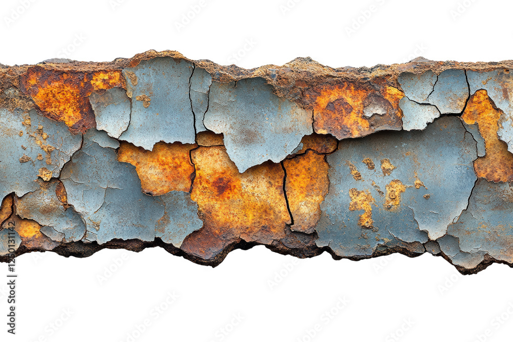Poster close-up of weathered, peeling paint revealing layers of rust and color on a surface, showcasing the