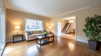Obraz premium Bright and inviting living room interior with cozy furniture and natural light : Generative AI
