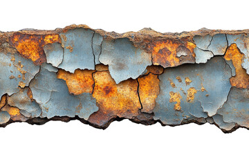 Naklejka premium Close-up of weathered, peeling paint revealing layers of rust and color on a surface, showcasing the beauty of decay and texture in urban environments.