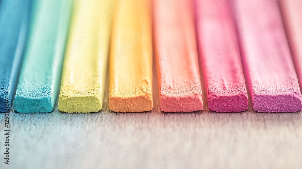 Poster vibrant assortment of colorful chalk sticks lined up in a rainbow display on a surface : generative 