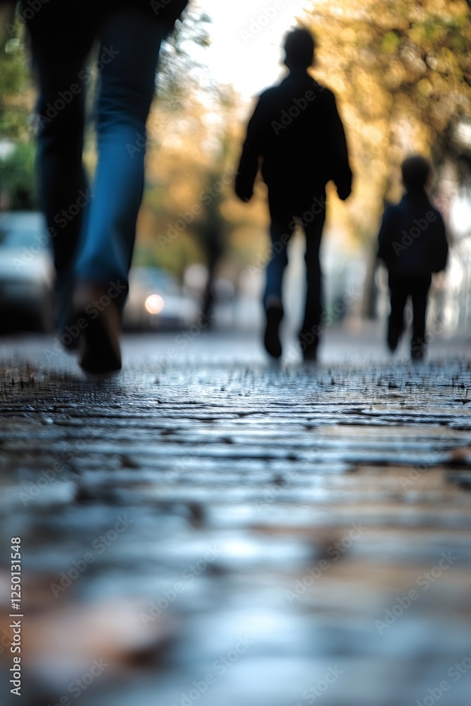 Poster dynamic street view of people walking together emphasizing family connection and casual lifestyle : 