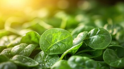 Obraz premium Fresh spinach leaves growing, sunlight, garden, healthy food