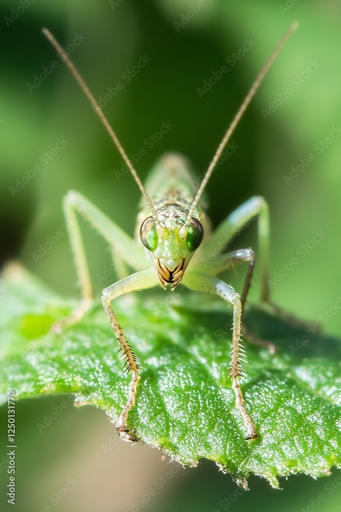 Poster close up of a green grasshopper on a leaf showcasing nature's intricate details : generative ai