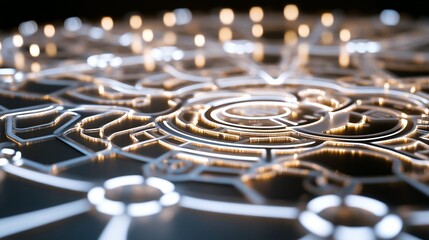 Abstract circular glowing network pattern.