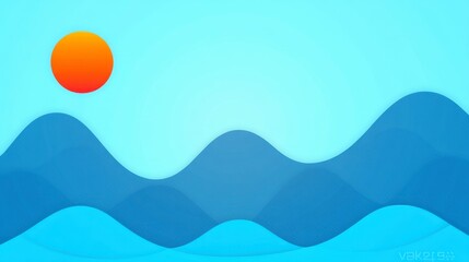 Abstract Digital Landscape with Sun and Ocean Waves in Blue Tones