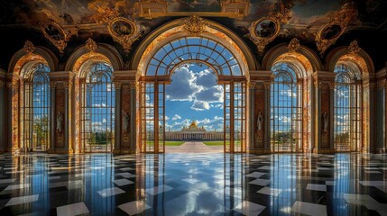 Obraz premium Grand Palace Hall View Through Archway Windows