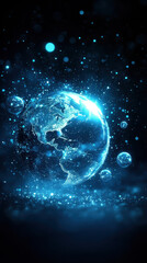 Obraz premium glowing blue planet surrounded by luminous orbs and sparkling particles