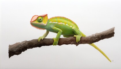 Fototapeta premium Vibrant chameleon perched on branch against white background, studio shot, illustrative style, ideal for nature documentaries or educational materials