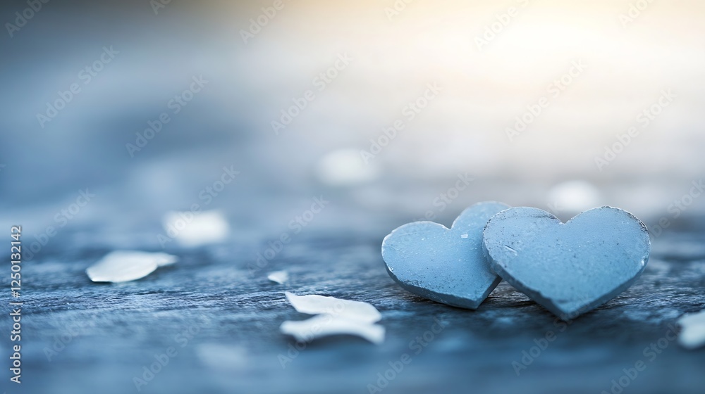 Aufkleber two charming gray heart decorations on rustic wood background for romantic concepts : generative ai