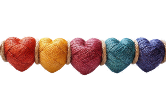 Colorful heart-shaped yarn balls strung together, symbolizing creativity and love for crafting. Perfect for any arts and crafts project.