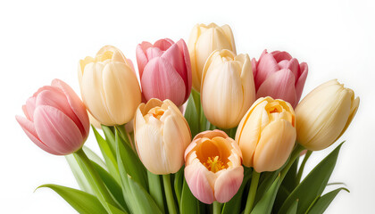 Fototapeta premium Colorful Tulip Bouquet Displayed on a White Background, Vibrant and Elegant